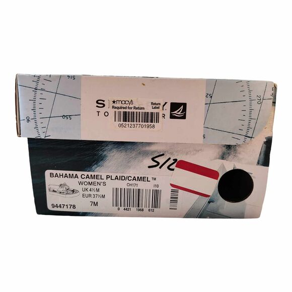 Sperry Top Sider Bahama Boat Shoe Womens Size 7 Brown Camel Plaid Canvas Slip On - Picture 12 of 14